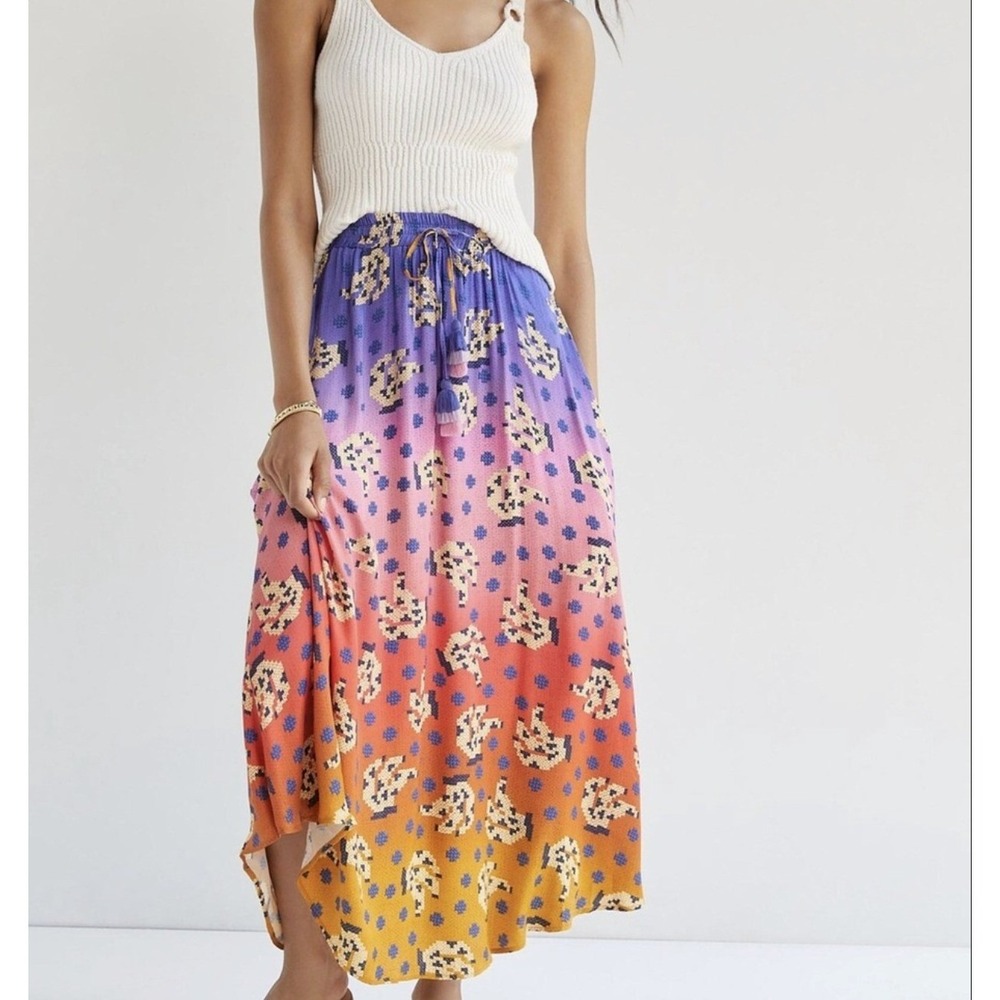 Farm Rio Anthropologie Mariposa Maxi Skirt Ombre Tassel Small Purple Boho Resort